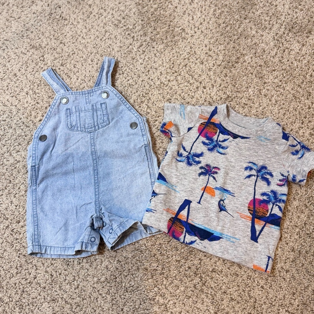 Carter’s Baby Boy 2-Piece Outfit Set | Denim Shortall + Tropical Tee | 3M